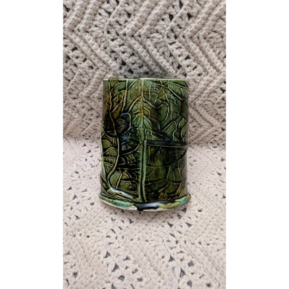 Studio Pottery Green Leaf Relief Vase Handcrafted Ceramic Nature Vessel 5.5